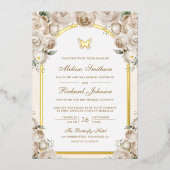 Invitation En Aluminium Crème d'ivoire Arc Floral Papillon Mariage Or (Recto)