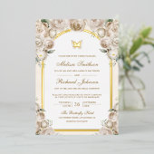 Invitation En Aluminium Crème d'ivoire Arc Floral Papillon Mariage Or (Debout devant)