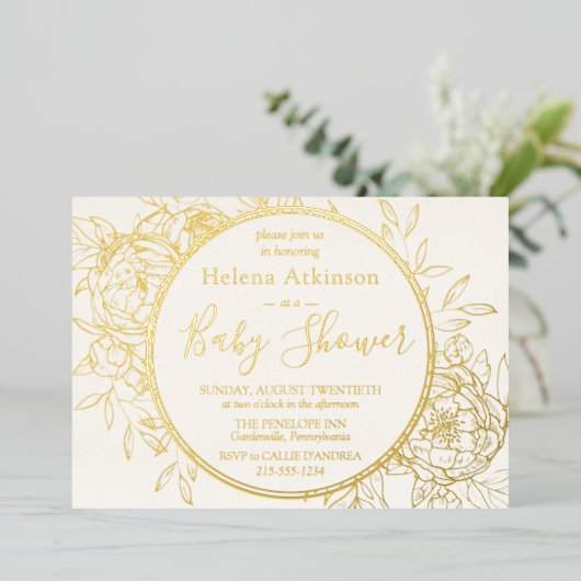 Invitation En Aluminium Crème d'ivoire et or Baby shower Peony moderne (Debout devant)
