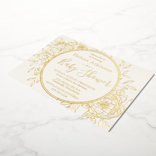 Invitation En Aluminium Crème d'ivoire et or Baby shower Peony moderne (Rotation)