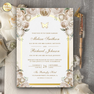 Invitation En Aluminium Crème d'Ivoire Floral Arch Papillon Mariage Or