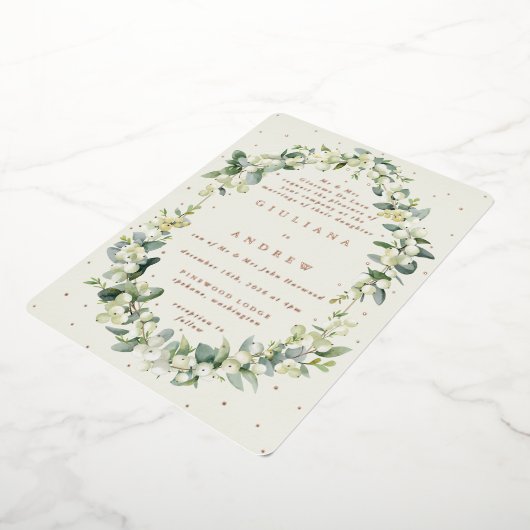 Invitation En Aluminium Crème formelle Snowberry+Eucalyptus Mariage d'hive (Rotation)
