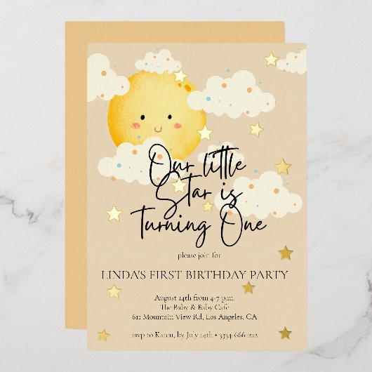 Invitation En Aluminium Crème Lune et Étoiles 1er anniversaire (Recto/Verso)