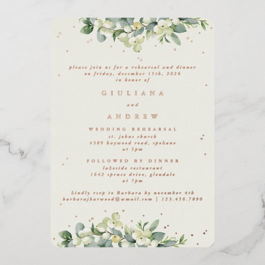 Invitation En Aluminium Crème Snowberry+Eucalyptus Mariage répétition (Recto)