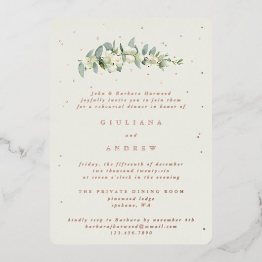 Invitation En Aluminium Crème Snowberry+Eucalyptus Mariage répétition (Recto)