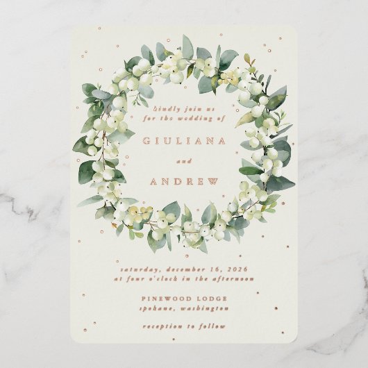 Invitation En Aluminium Crème Snowberry+Eucalyptus Wreath d'hiver Mariage (Recto)