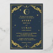 Invitation En Aluminium Crescent céleste Lune Marine Bleu Mariage Or (Recto)