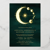 Invitation En Aluminium Crescent céleste Phase Émeraude Mariage Or (Recto)