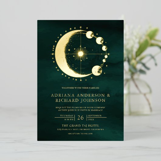 Invitation En Aluminium Crescent céleste Phase Émeraude Mariage Or (Debout devant)