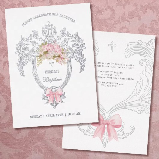 Invitation En Aluminium Crête élégante rose baptême argent