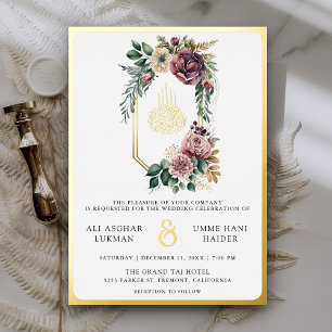 Invitation En Aluminium Crête Fleurie Violet Poussiéreux Mariage Musulman