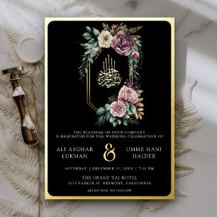 Invitation En Aluminium Crête florale violette Mariage musulman noir or