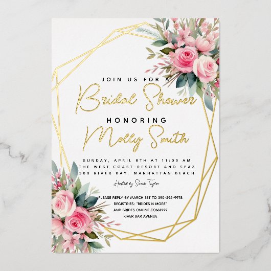 Invitation En Aluminium Cristal rose Peach Roses Aquarelle douche nuptiale (Recto)