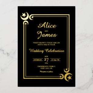 Invitation En Aluminium Croissant de Lune Étoile Élégant Mariage Noir Feui
