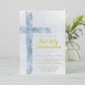 Invitation En Aluminium croix aquarelle bleue Première Sainte Communion (Debout devant)