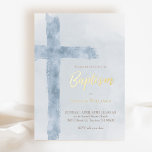 Invitation En Aluminium croix bleu aquarelle Baptême<br><div class="desc">véritables détails du film Invitation au baptême</div>