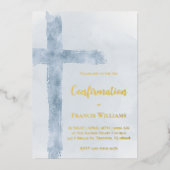 Invitation En Aluminium croix bleu aquarelle confirmation (Recto)
