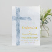 Invitation En Aluminium croix bleu aquarelle confirmation (Debout devant)