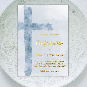 Invitation En Aluminium croix bleu aquarelle confirmation