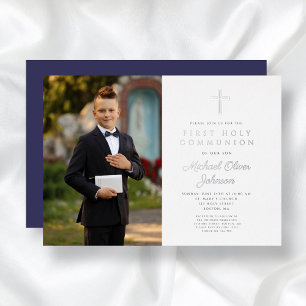 Invitation En Aluminium Croix Bleu Marine Garçon Photo Première Communion
