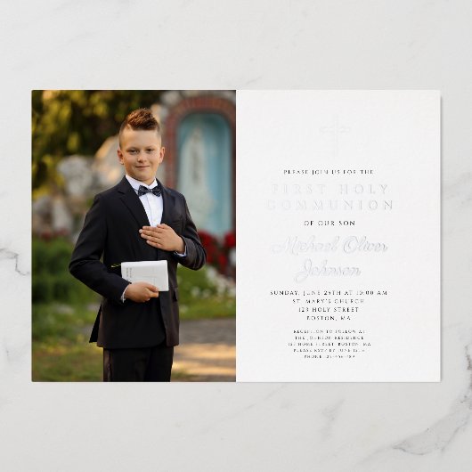 Invitation En Aluminium Croix Bleue Dusty Boy Photo First Communion Argent (Recto)