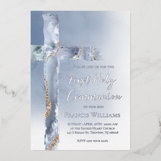 Invitation En Aluminium Croix bleue poussiéreuse de la première communion (Recto)