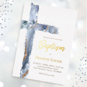 Invitation En Aluminium croix d'agate bleu aquarelle Baptême