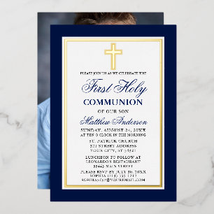 Invitation En Aluminium Croix de photo de première communion bleue en or