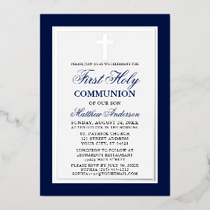 Invitation En Aluminium Croix de première communion bleue élégante en arge
