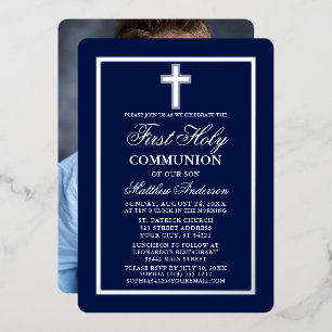 Invitation En Aluminium Croix de première communion photo bleu marine arge
