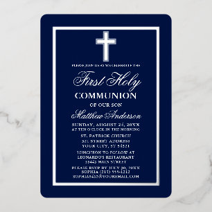 Invitation En Aluminium Croix de Première Sainte Communion Bleu Marine Arg