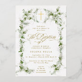 Invitation En Aluminium Croix d'or Eucalyptus Frame Baptême Photo (Recto)