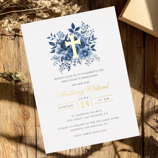 Invitation En Aluminium Croix d'or florale moderne garçons Première commun