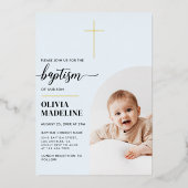 Invitation En Aluminium Croix d'or minimal moderne Baptême photo (Recto)