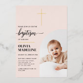 Invitation En Aluminium Croix d'or minimal moderne Baptême photo (Recto)