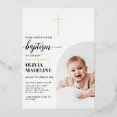 Invitation En Aluminium Croix d'or minimal moderne Baptême photo (Recto)