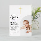 Invitation En Aluminium Croix d'or minimal moderne Baptême photo (Debout devant)