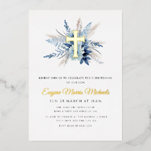 Invitation En Aluminium croix d'or moderne bleu christ floral