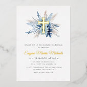 Invitation En Aluminium croix d'or moderne bleu floral baptême (Recto)