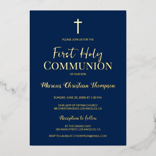 Invitation En Aluminium Croix d'or moderne Croix bleue première communion (Recto)