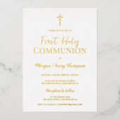 Invitation En Aluminium Croix d'or moderne Première communion sainte blanc (Recto)