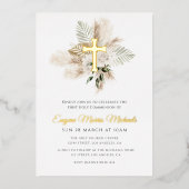 Invitation En Aluminium croix d'or pampas première communion (Recto)