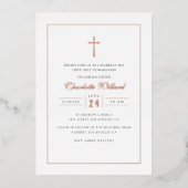 Invitation En Aluminium Croix d'or Rose moderne Filles Première communion (Recto)