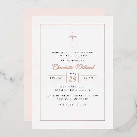 Invitation En Aluminium Croix d'or Rose moderne Filles Première communion (Recto/Verso)