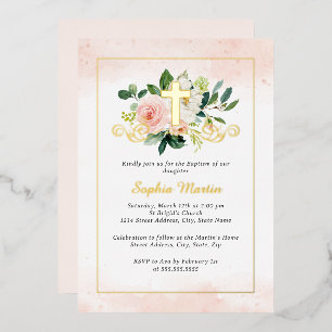 Invitation En Aluminium Croix dorée brillante Baptême floral joli