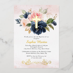Invitation En Aluminium Croix dorée brillante florale Fille Rose Navy Bapt