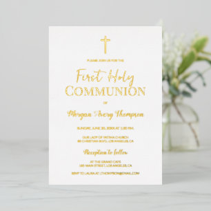 Invitation En Aluminium Croix dorée moderne blanche première communion sol