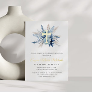 Invitation En Aluminium croix dorée moderne florale bleue baptême