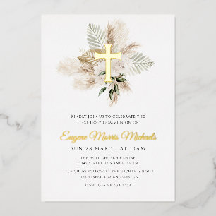 Invitation En Aluminium croix dorée pampas première communion solennelle