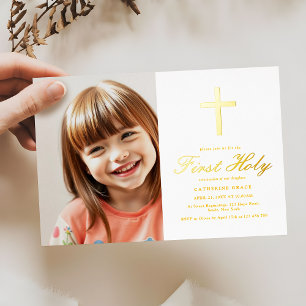 Invitation En Aluminium Croix Dorée Sainte Première Communion Photo Réelle